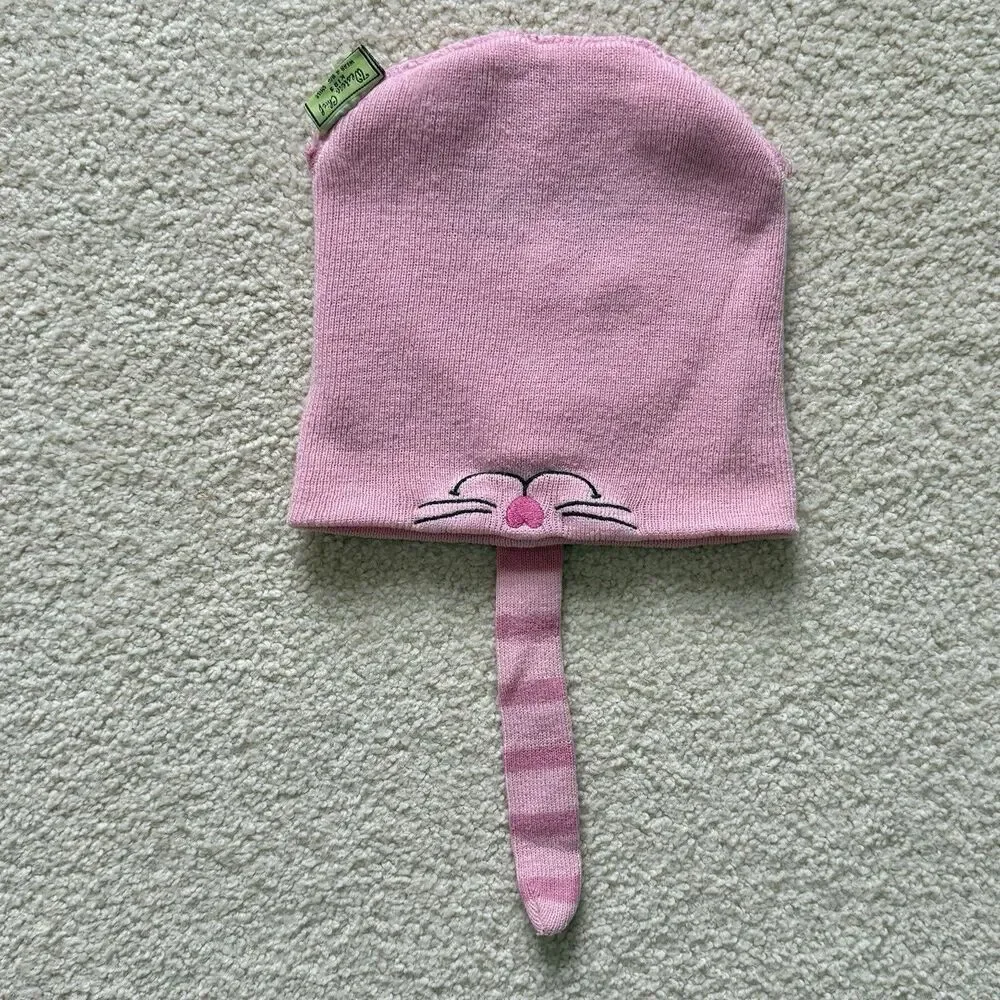 Western Chief Kids Pink Knit Winter Beanie Cap Hat Embroidered Cat Face & Tail
